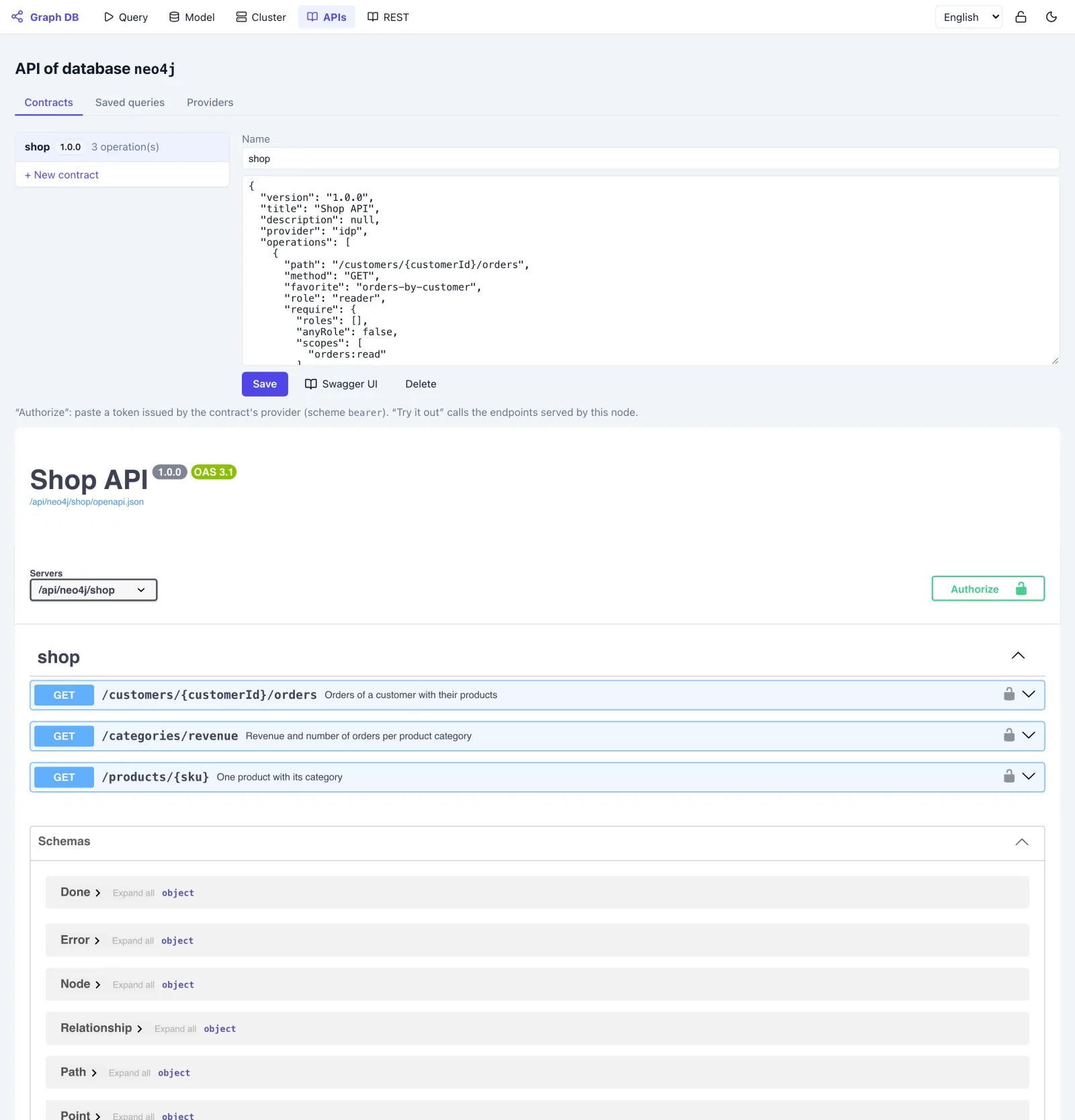gDown APIs page: a contract generated from saved queries, with its Swagger UI.